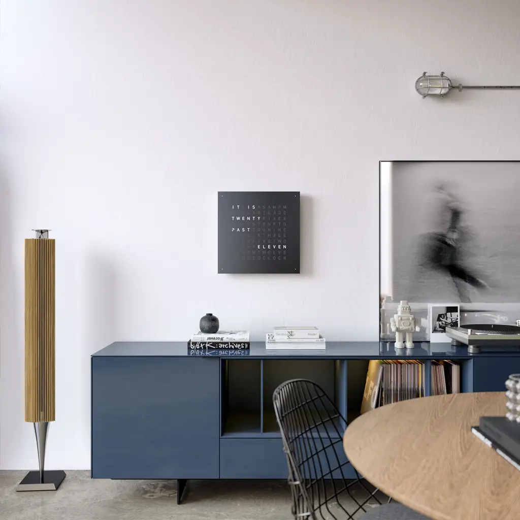 QLOCKTWO EARTH 45 BLACK PEPPER, wall clock with time in words, black surface, matt