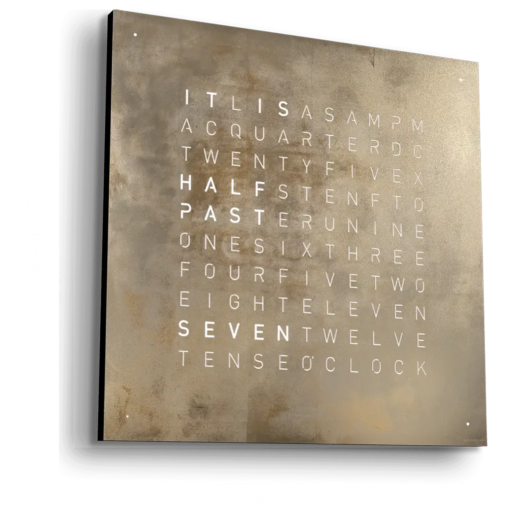 Front view of QLOCKTWO EARTH 45 Creator's Edition Silver & Gold wall clock plated with silver and gold leaf