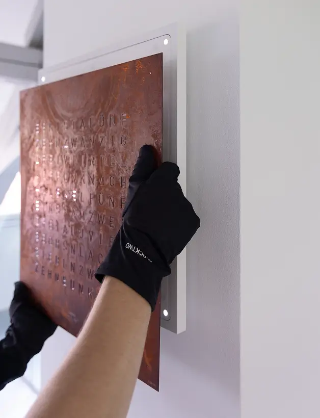 QLOCKTWO time in words, word clock, change front cover RUST, gloves