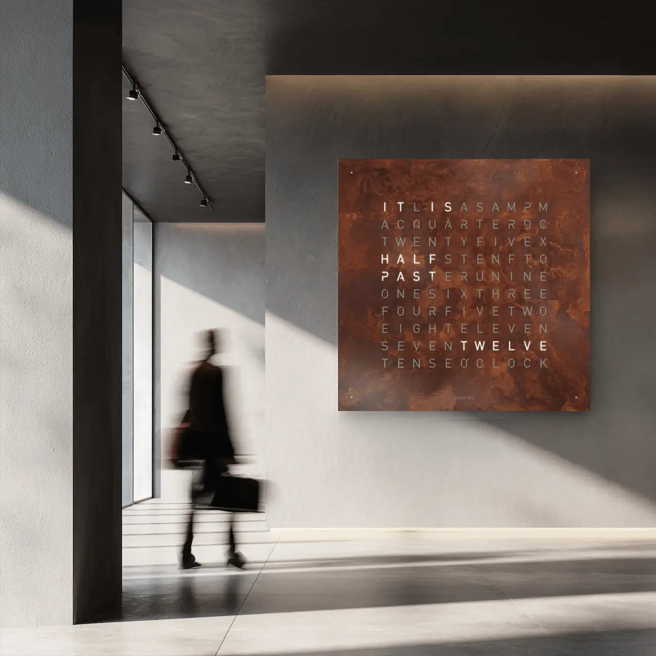 QLOCKTWO EARTH 180 CREATOR'S EDITION RUST large-format word clock with rusty metal surface for offices and large rooms