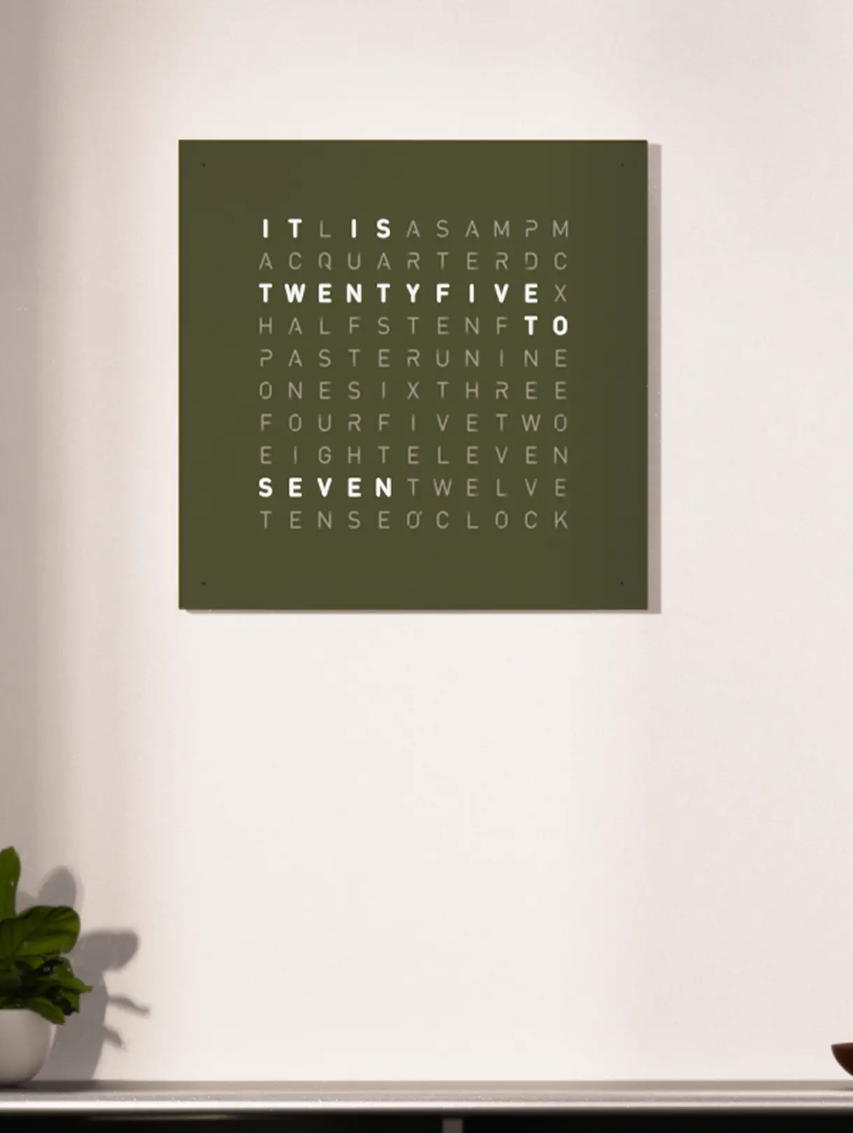 Earth 45 Olive, word clock, wall clock, qlocktwo, time in words, olive green, english language