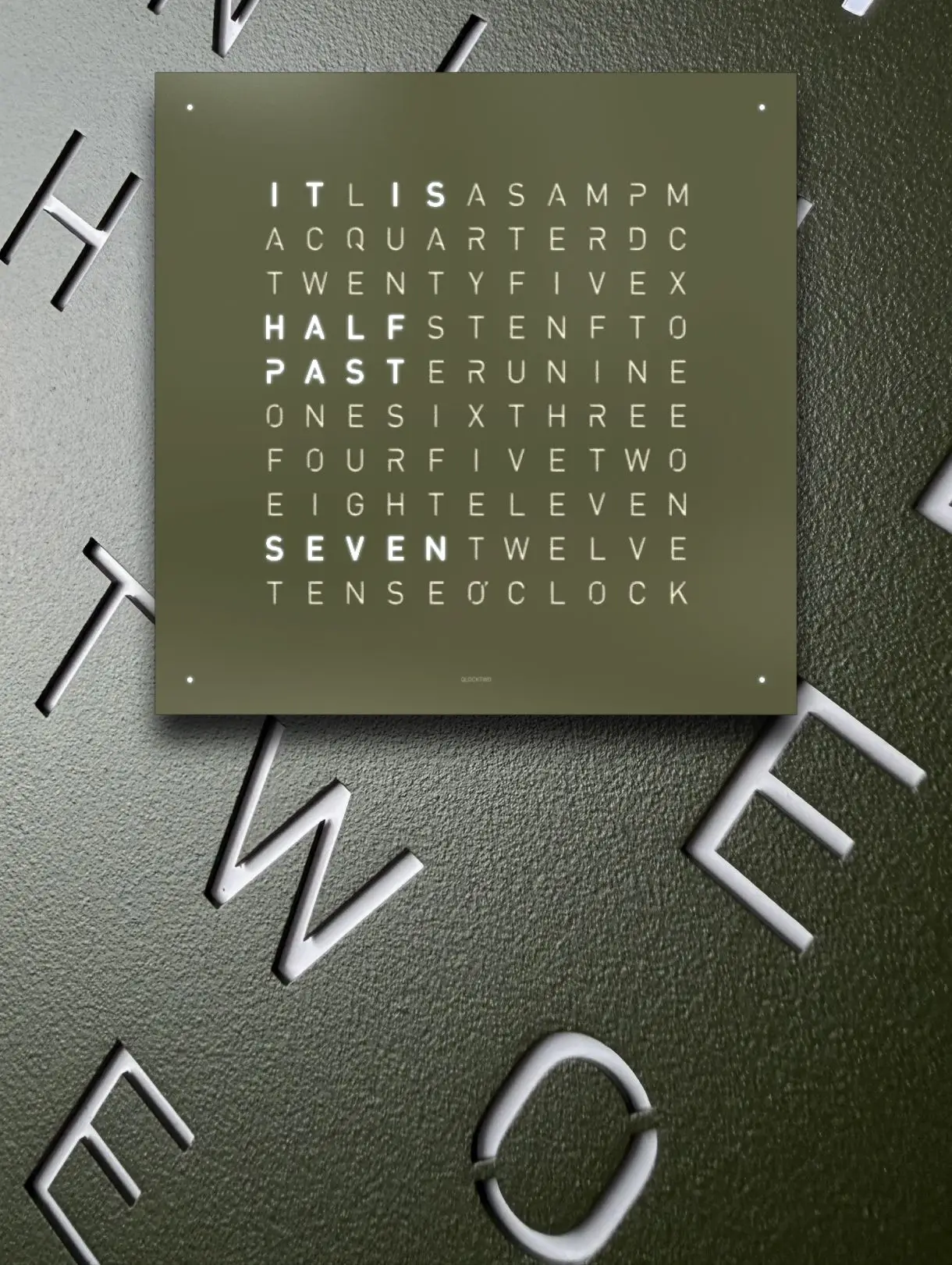 Earth 45 Olive, olive green, time in words, word clock, wall clock, language