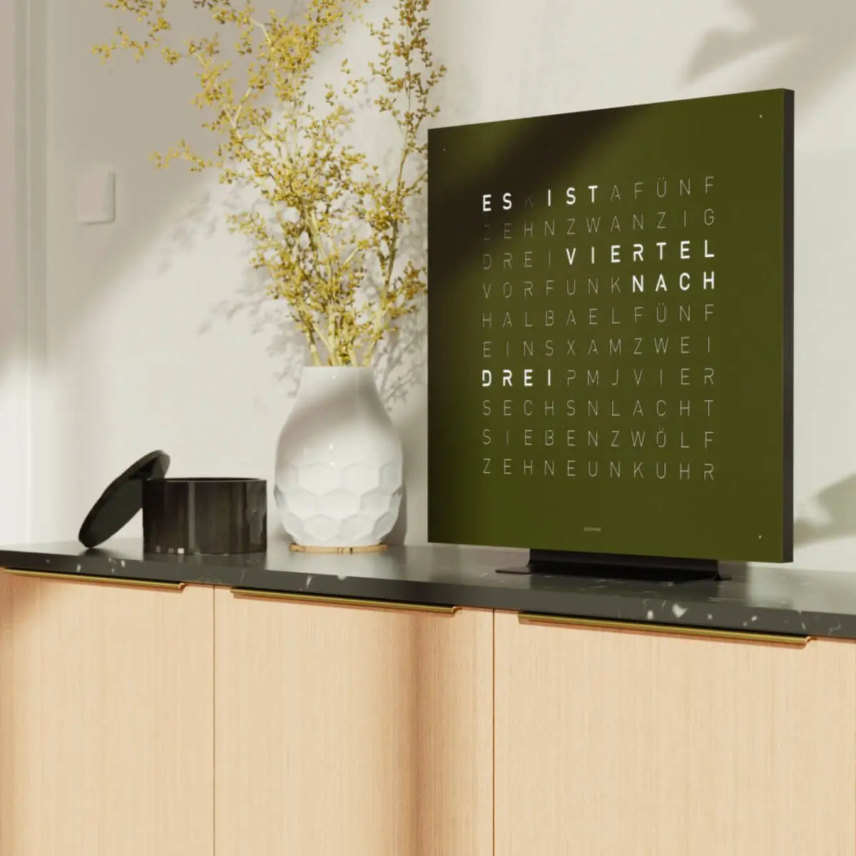 Earth 45 Olive - olive green, time in words, word clock, wall clock